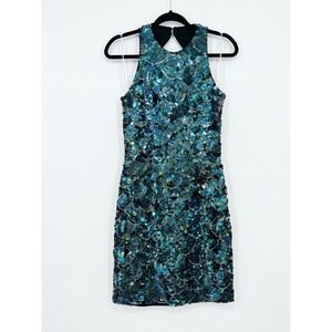 Vintage Y2K Nadine Iridescent Teal  Sequin Mermaid Scale Mini Dress M Open Back